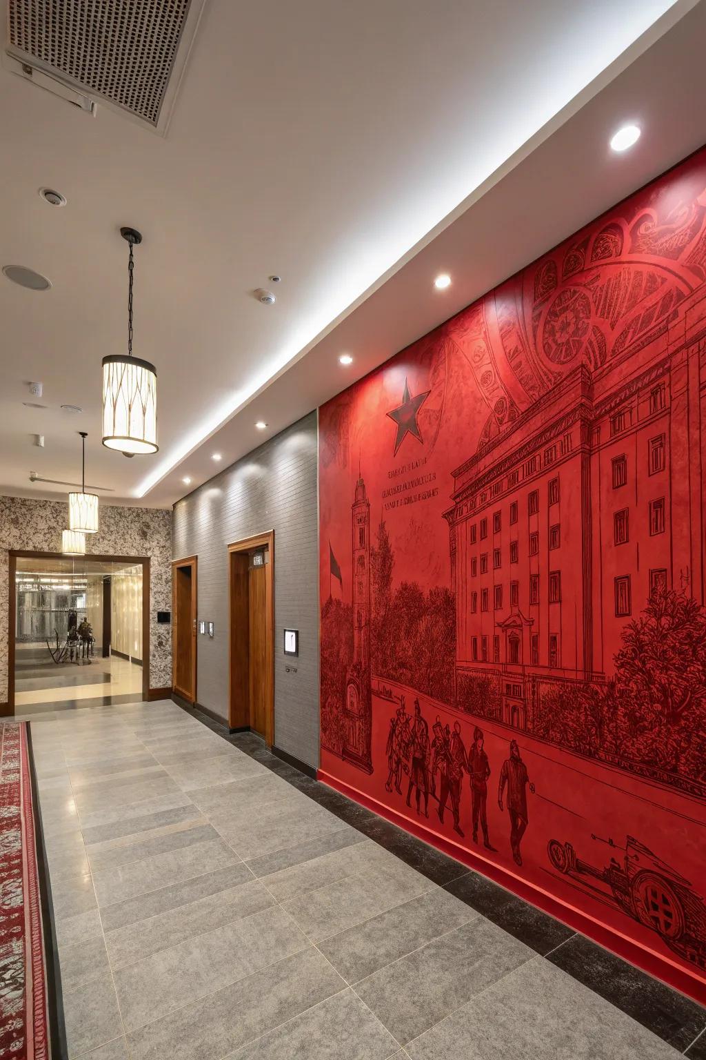 A red mural transforms a basic wall into a striking piece of art.
