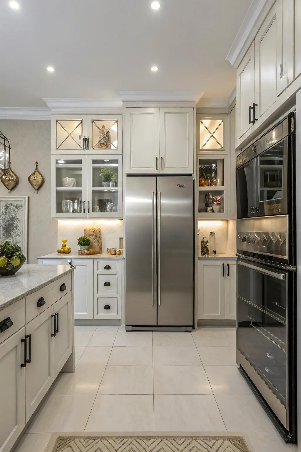Symmetrical composition encircling the refrigerator conceives a harmonious culinary area.