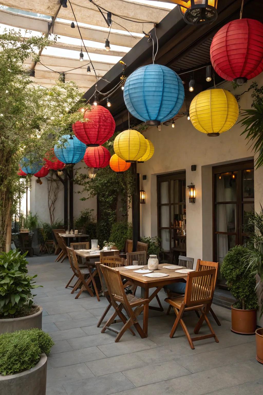 Delicate paper globes affix a festive and colorful touch to patios.