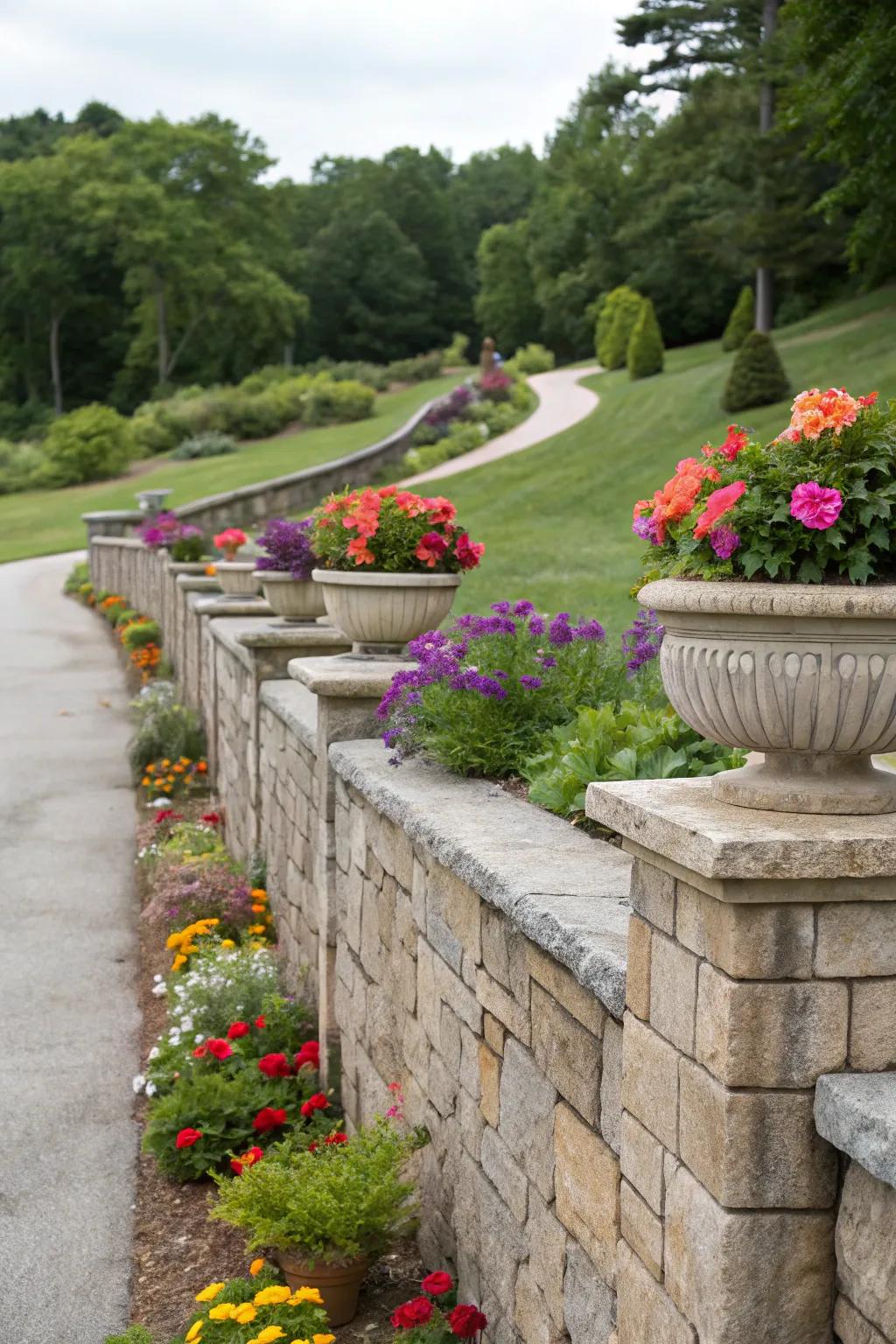 Integrated planters infuse a luxuriant nuance into retaining boundaries.
