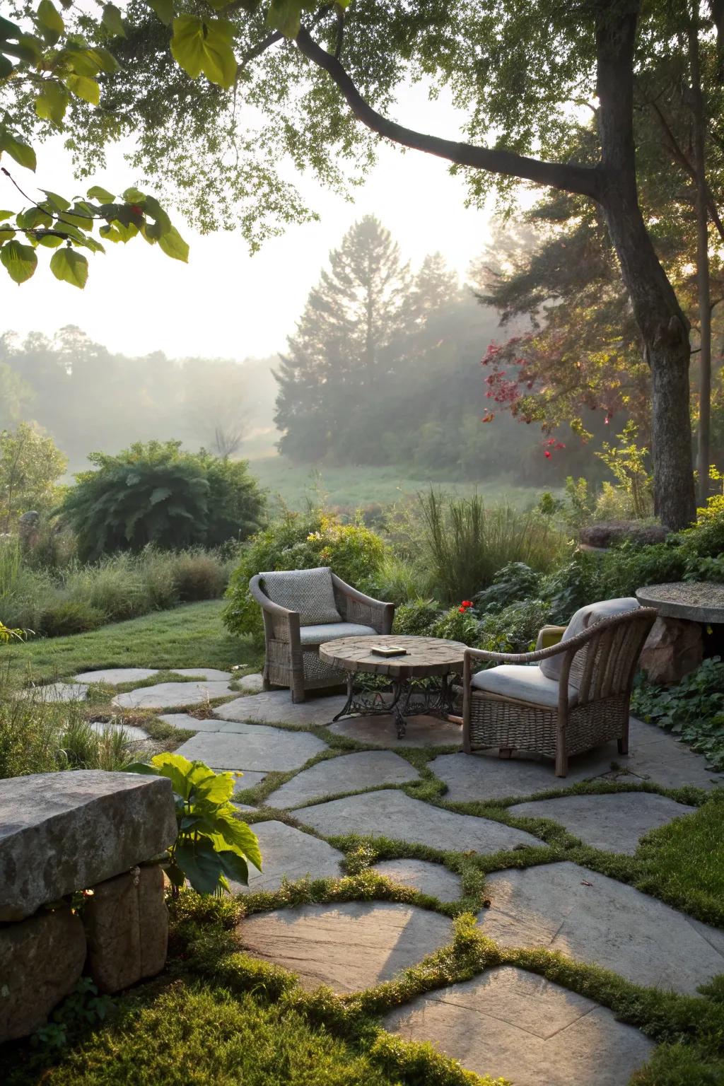 Stone seating spots merge utility with all-natural appeal.