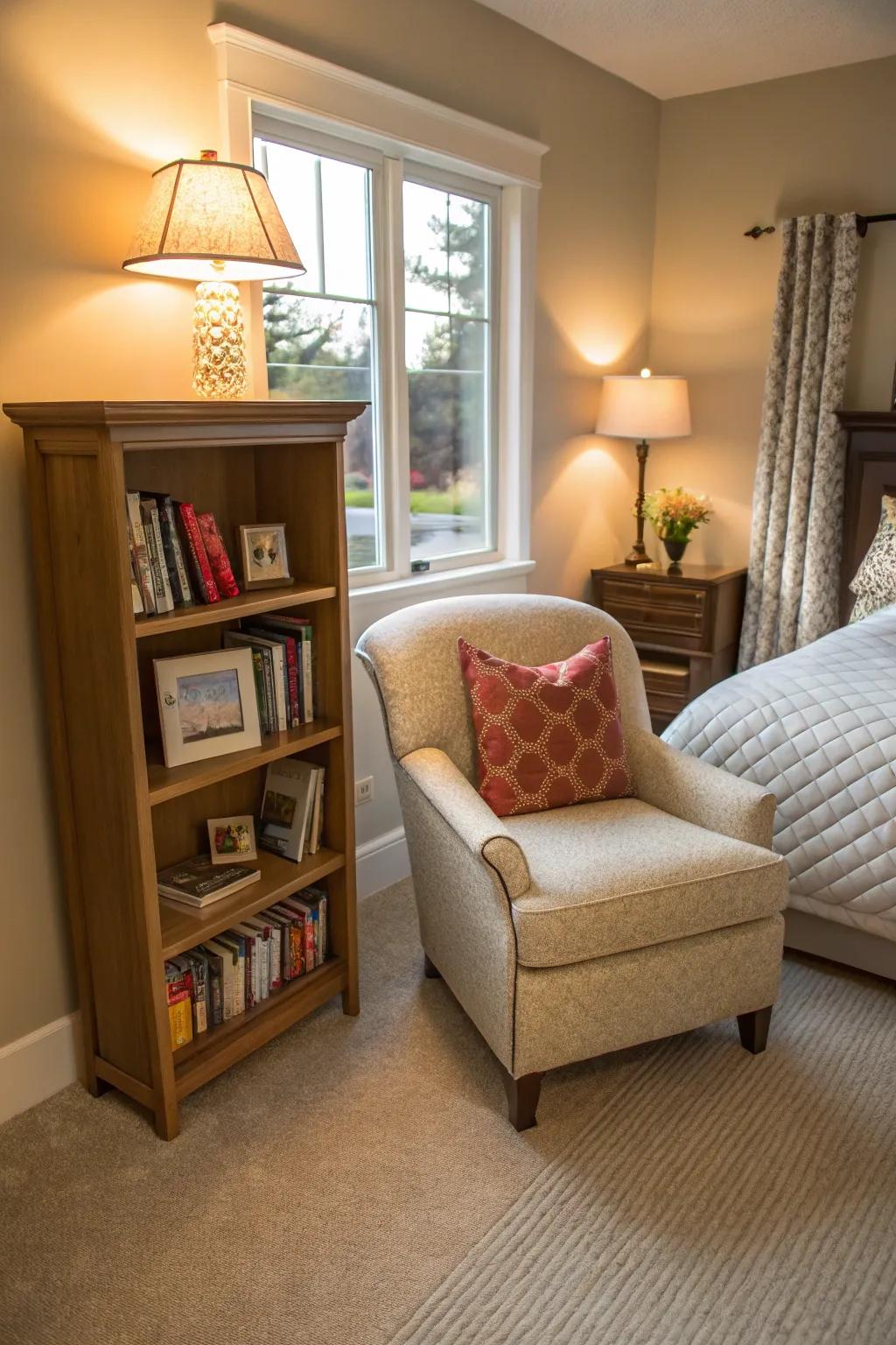 A personal sanctuary for relaxation is provided by a reading nook.