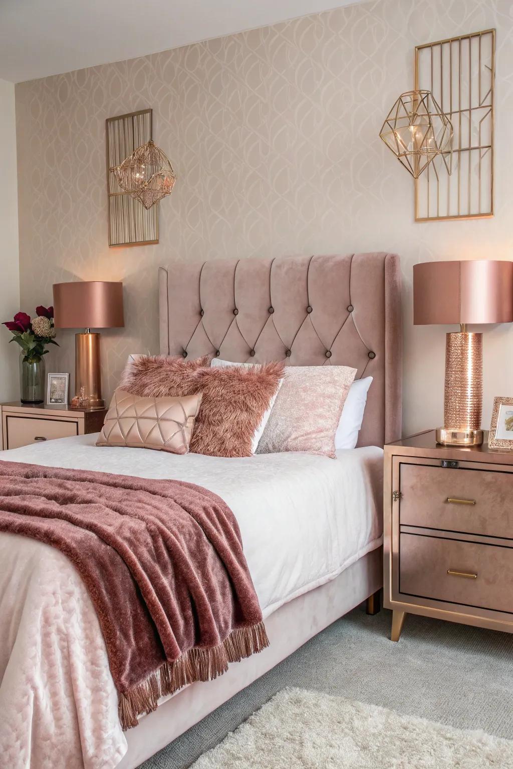 Luster ornamental embellishments enhance an element of appeal to the bedroom.