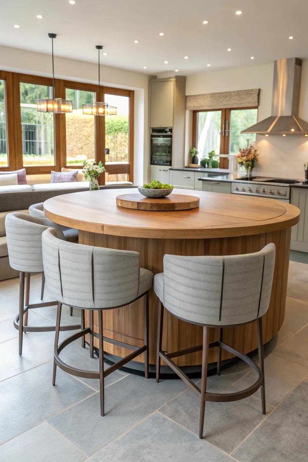 Curved seating enhances the elegance and movement of a circular kitchen island.