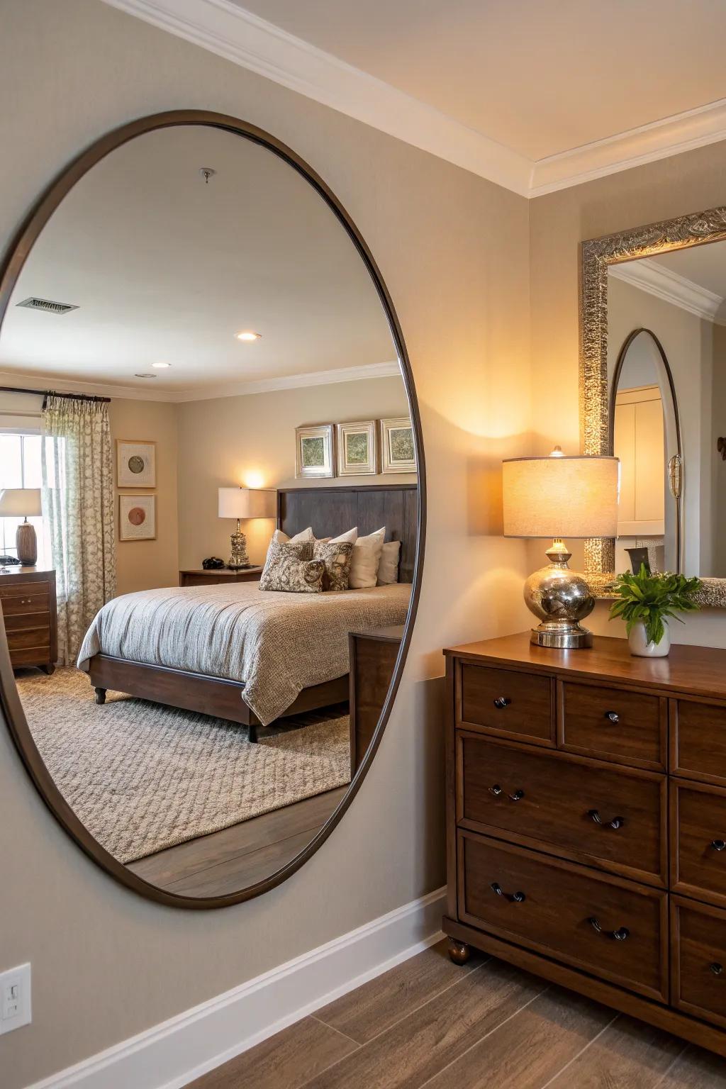 Bedroom that highlights a generous round reflector to enhance the room.