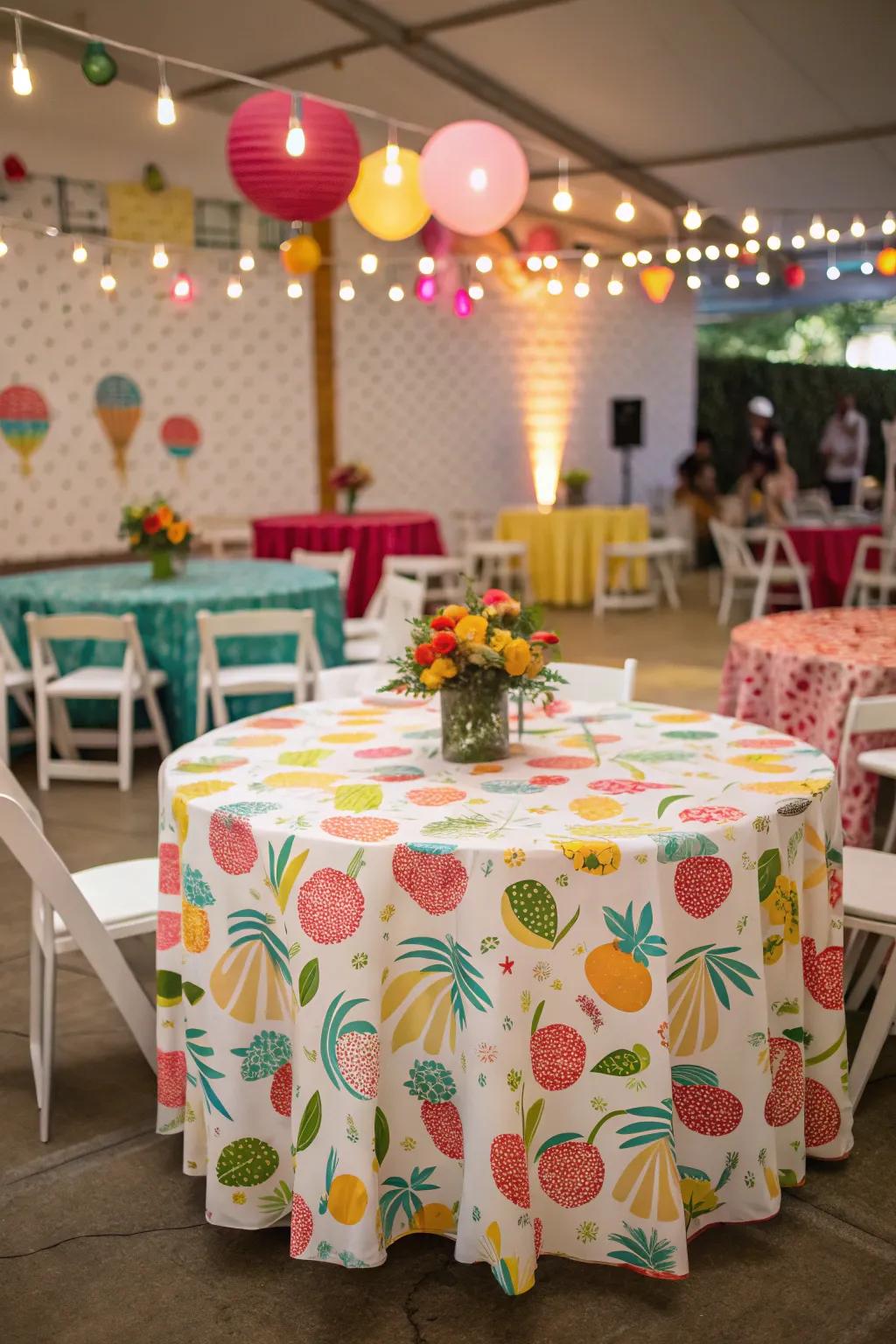 Lively patterned table covering adding charm to a wedding.
