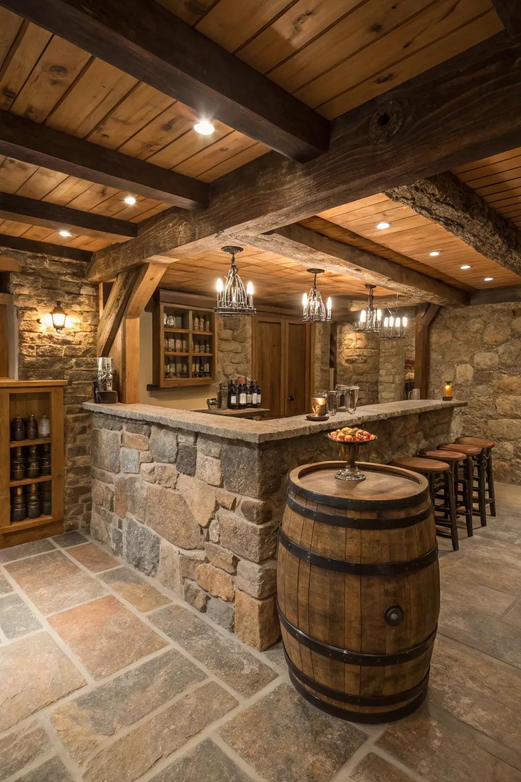 A cask repurposed as a washbasin base, injecting a country, inventive element.