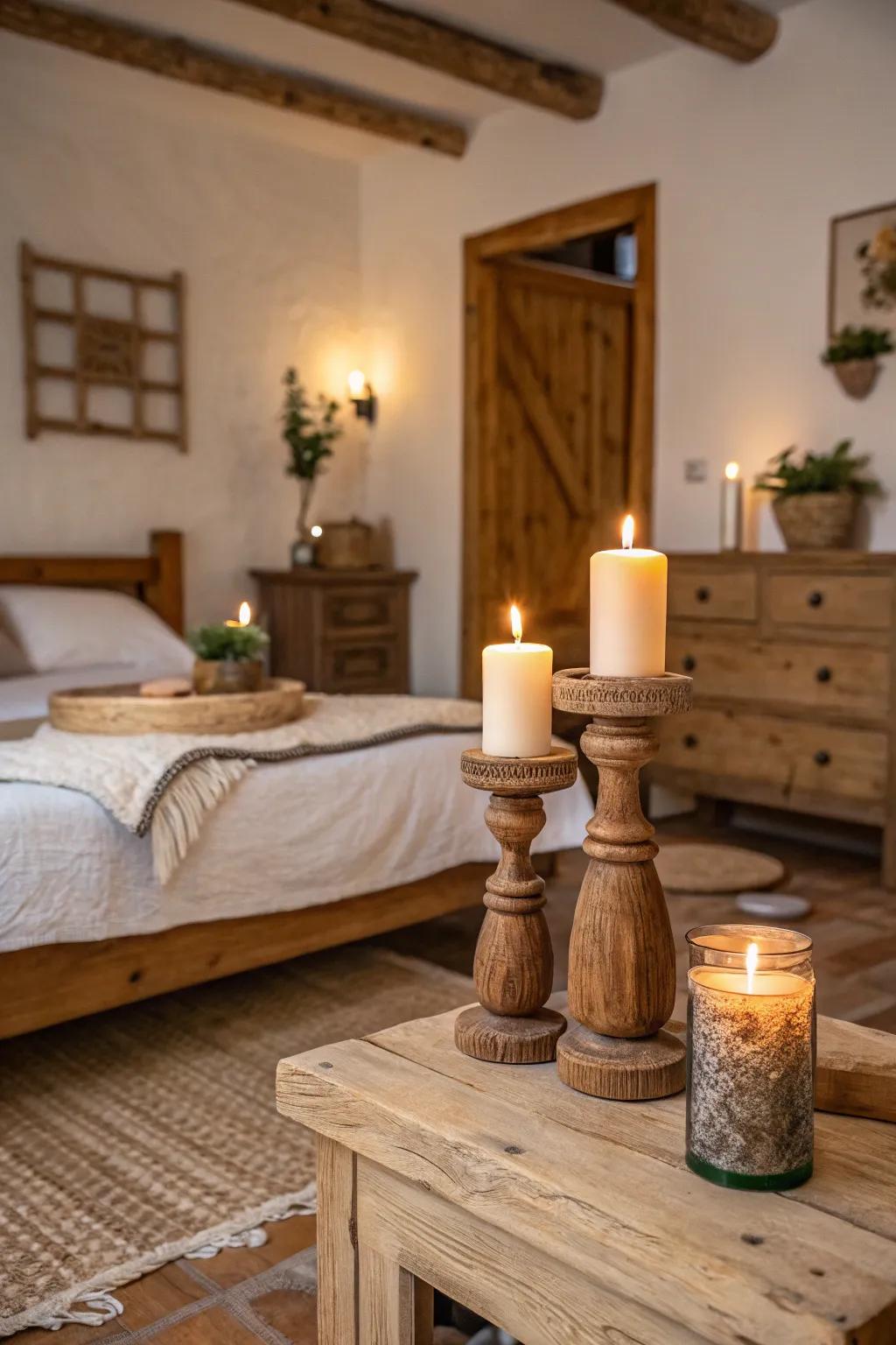 Candle stands create a warm and elegant ambiance.