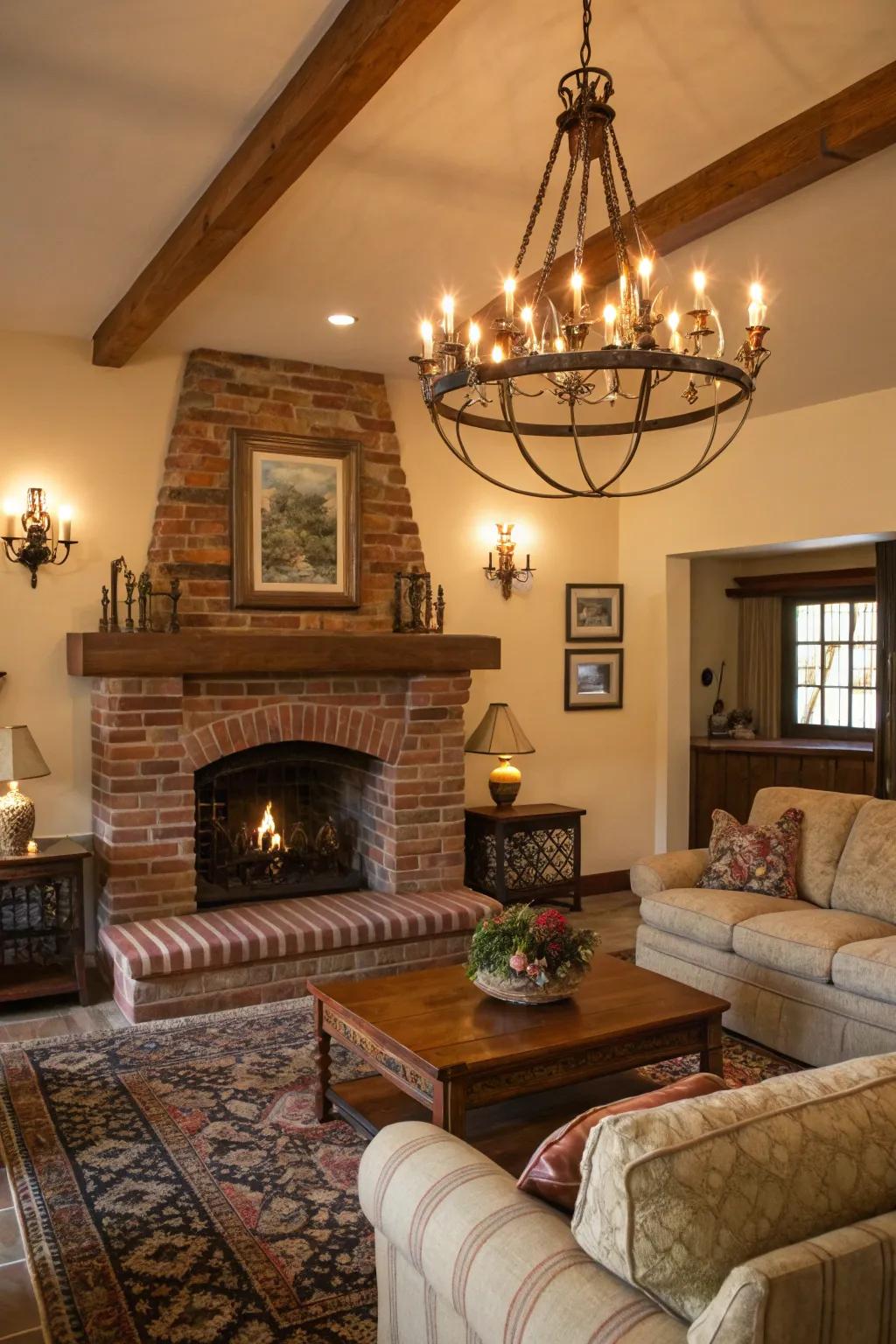 Rustic lighting fixtures enhance the ambiance around your fireplace.
