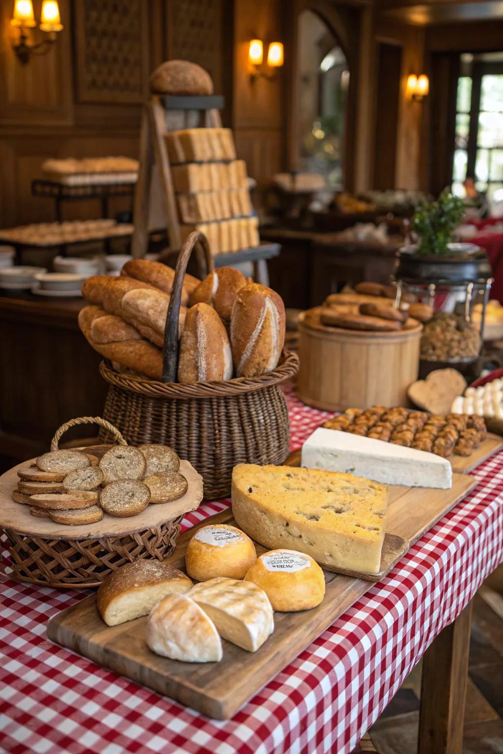 Artisanal breads and cheeses presented in a rustic style on the buffet table.