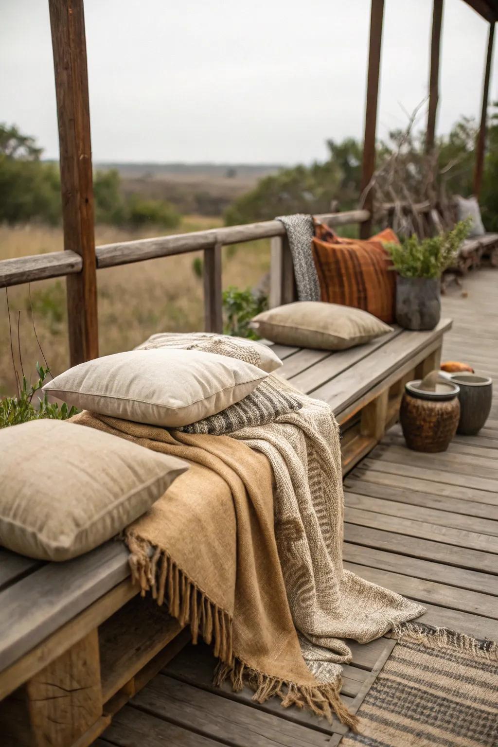 Natural fabrics add softness and a countryside touch to this deck.
