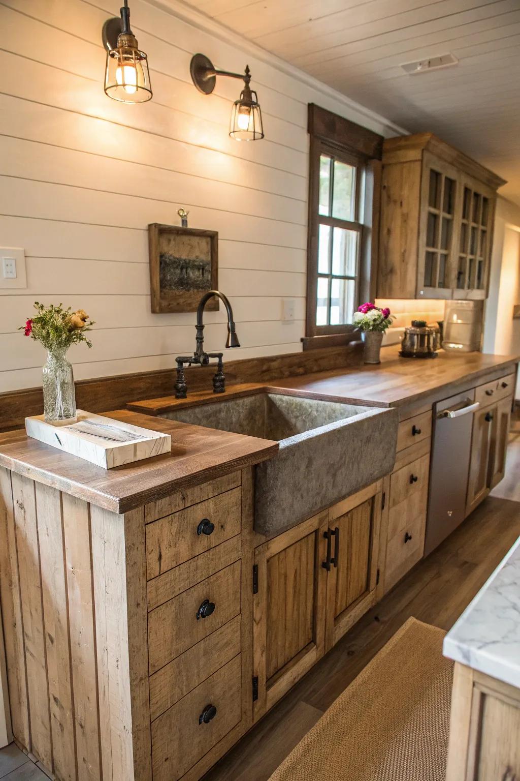 A countryside kitchen island showcasing shiplap cladding for added texture.