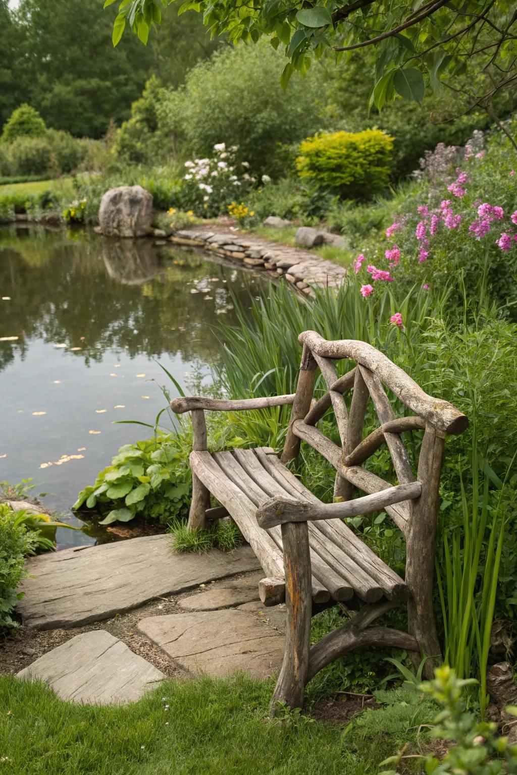 A garden seat made with driftwood, showing coastal charm.