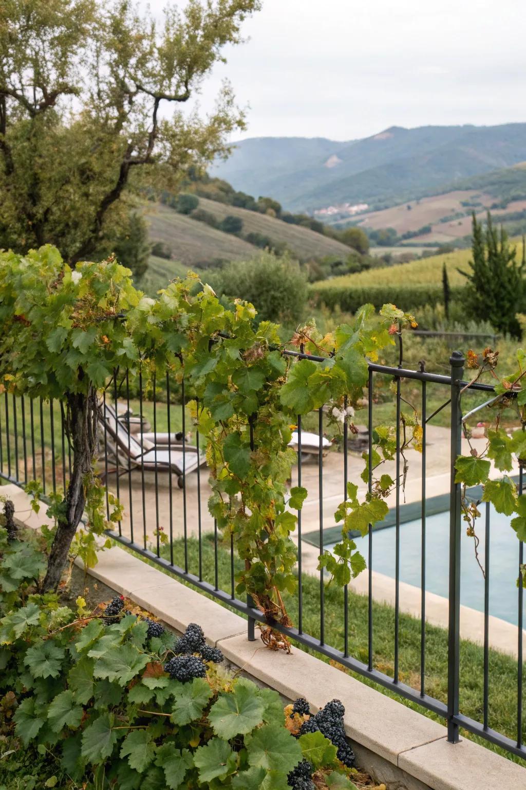 Vine-covered fencing for a vineyard-inspired poolside.