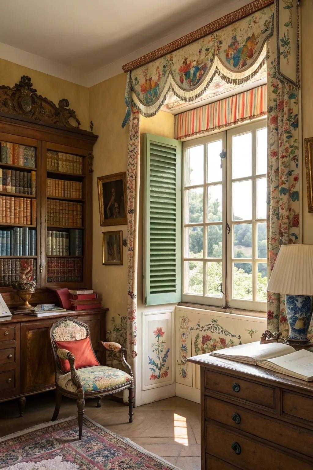 A vintage-style study featuring a painted window panel valance, delivering a hint of hue and allure.