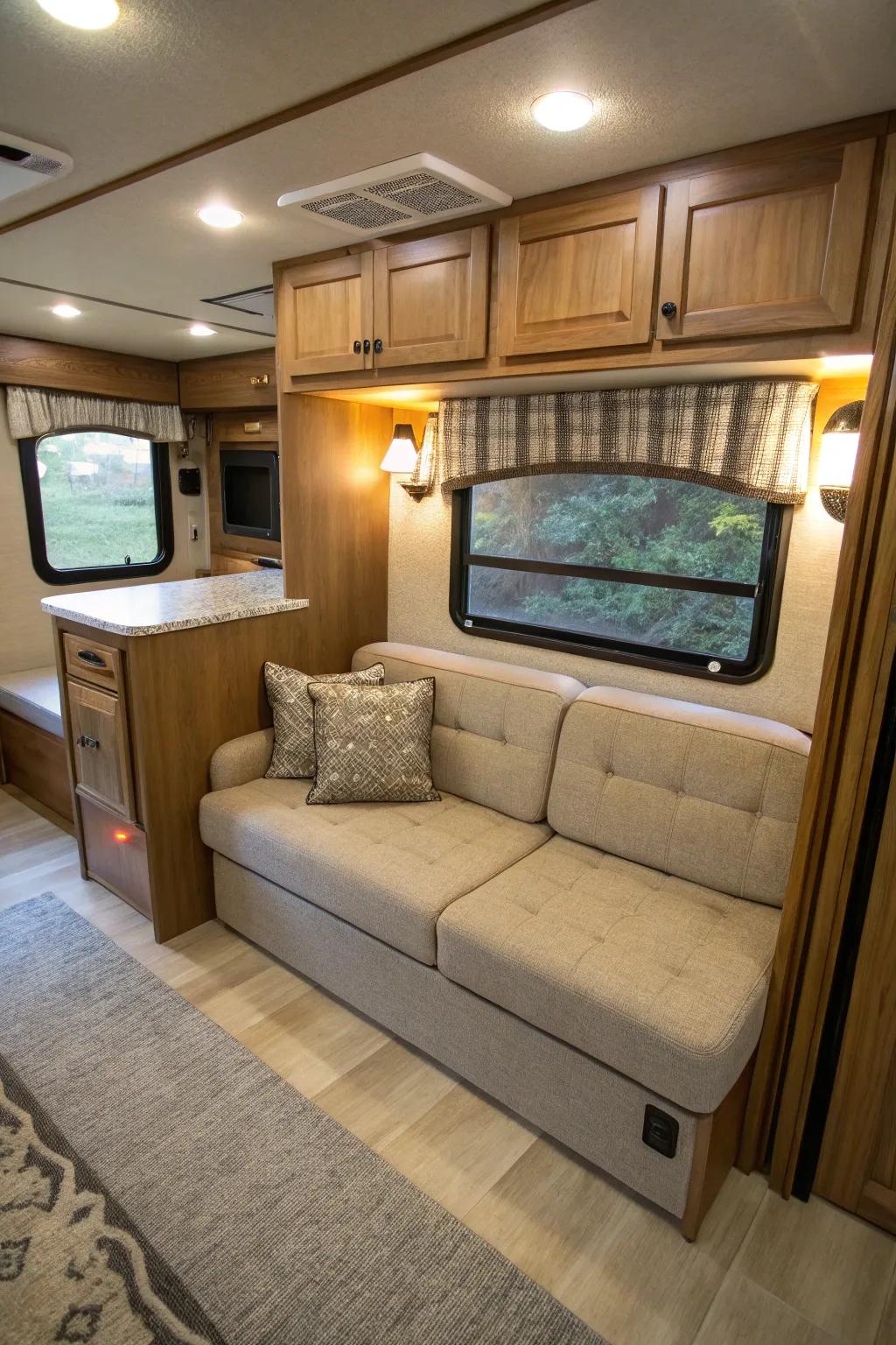 Compact loveseats offer comfort in limited RV spaces.