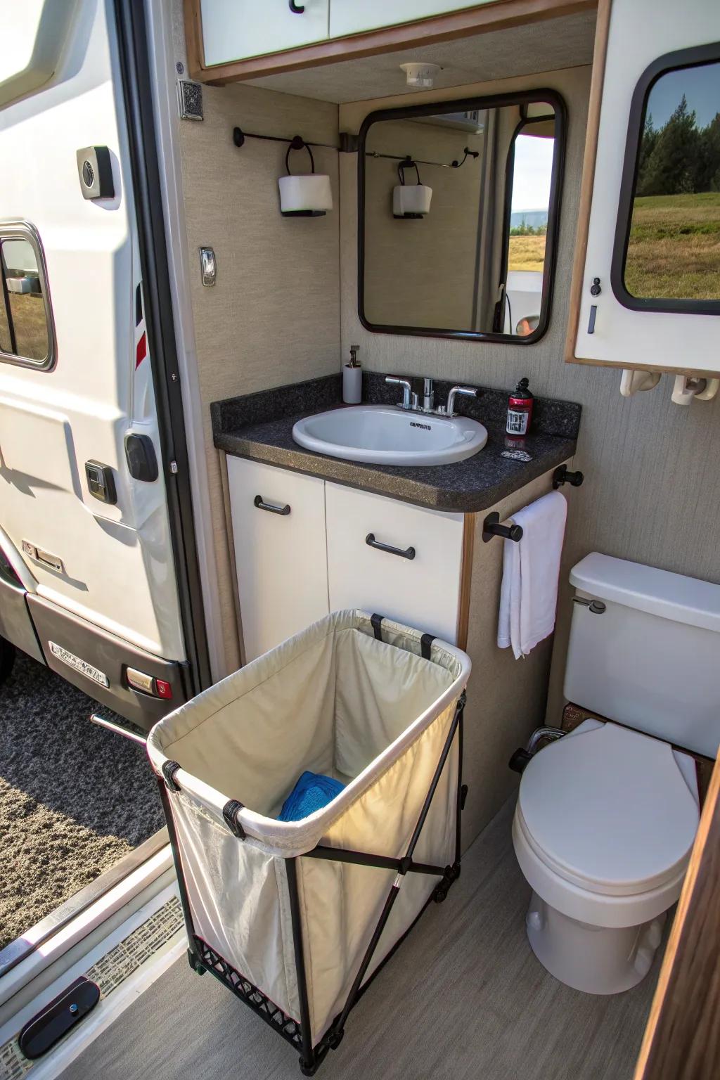 A sink-covering hamper great for drying wet laundry in an RV.
