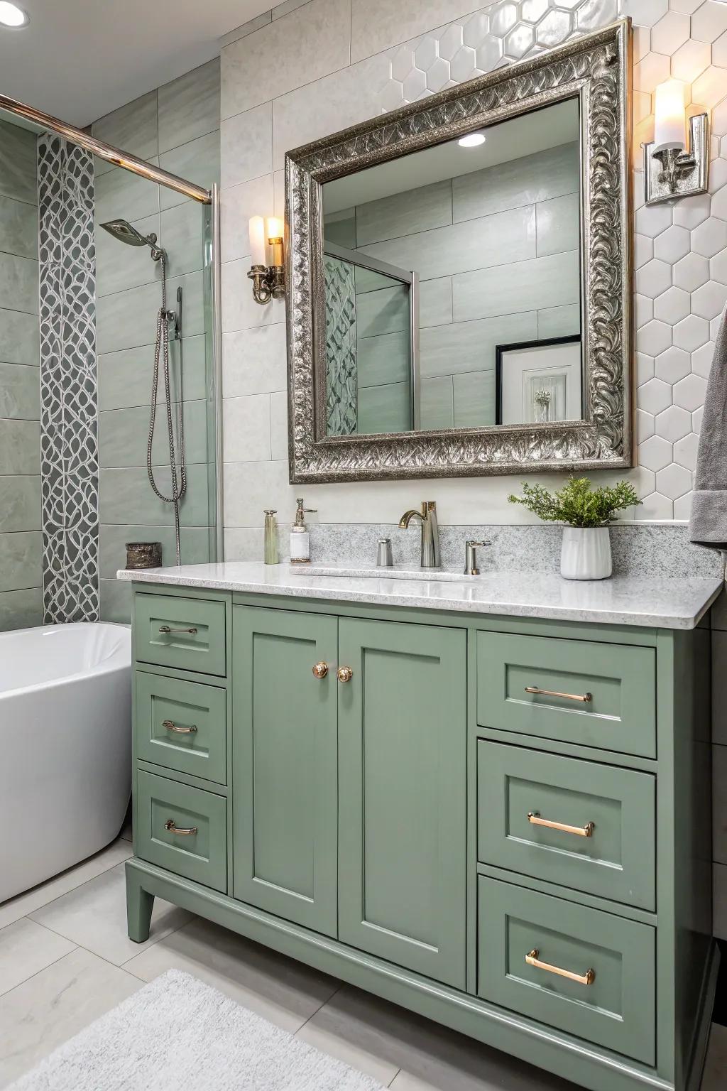 An elegant bath with metal touches that improve a willow tint vanity.