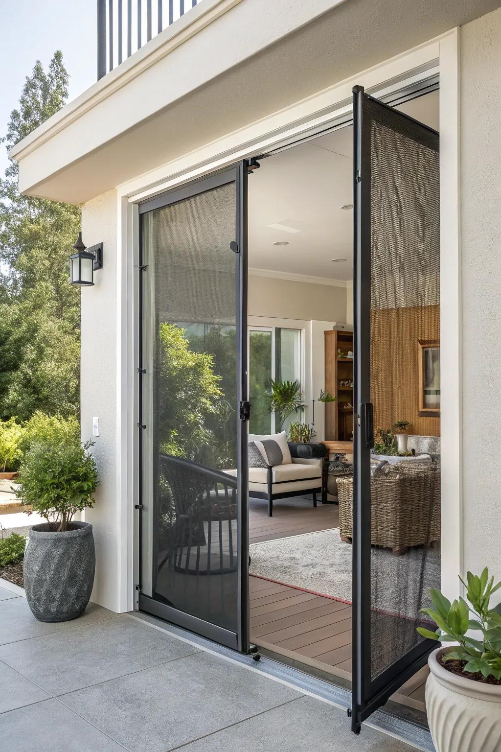 A magnetic mesh screen door offers a sleek, hands-free solution.