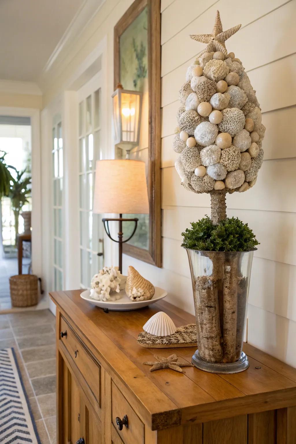 A seashell vegetal sculpture ushers a hint of whimsy and elegance to whichever chamber.