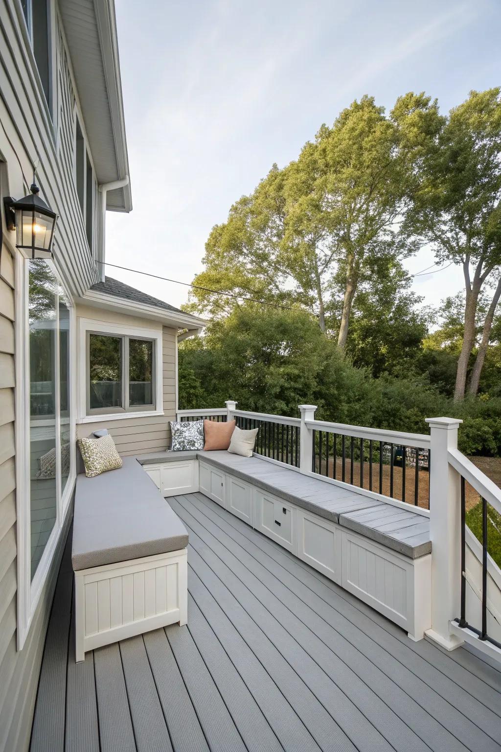 Integrated seating complementing the deck's design with space-saving elegance.