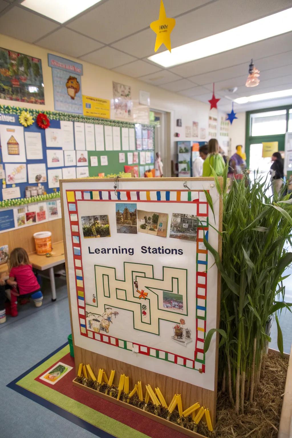 A display board designed as a corn maze, featuring interactive elements.