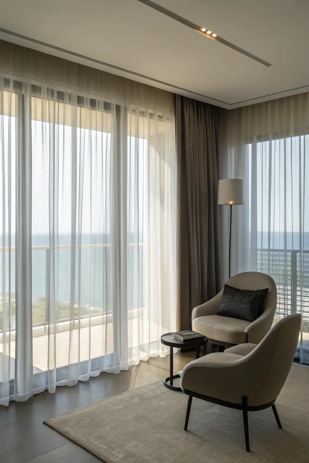 Concealed mechanisms impart gossamer panels a crisp, contemporary guise that enhances any aesthetic style.
