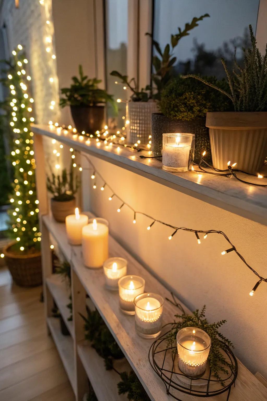 LED lights and wax lights inject warmth and ambiance into the shelf.
