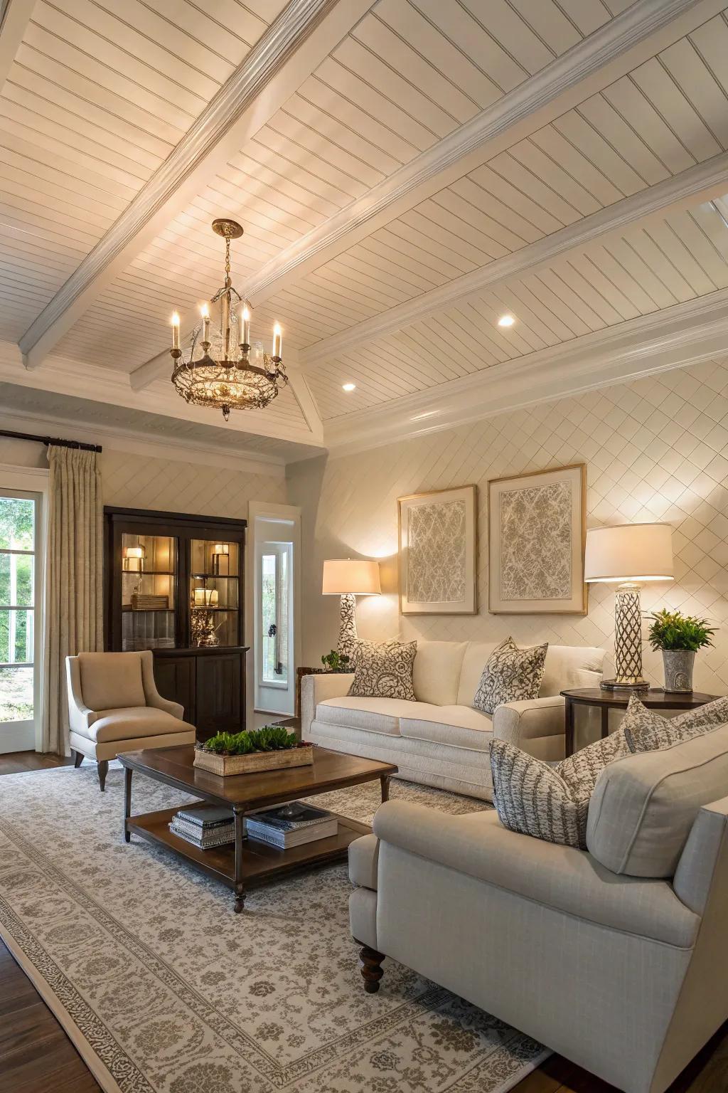 A sophisticated shiplap ceiling displaying understated patterns.