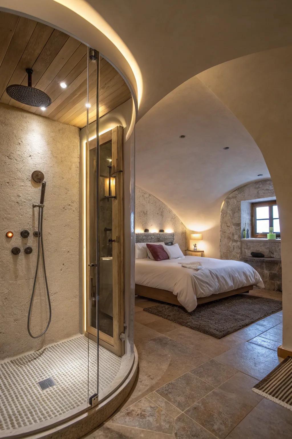 Curved designs make the shower space intimate and fashionable.