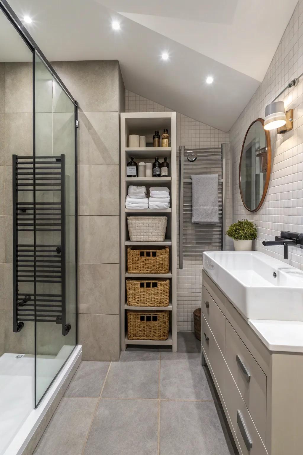 A clutter-free shower room with clever hidden storage solutions.