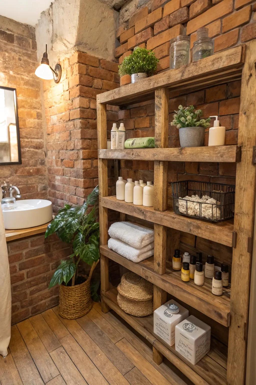 Reclaimed wood shelves provide rustic charm and sustainability.