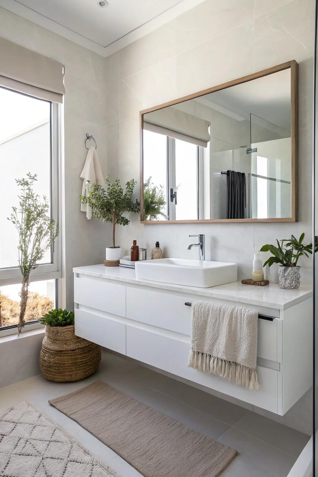 A floating console adds a modern touch to this bathroom.