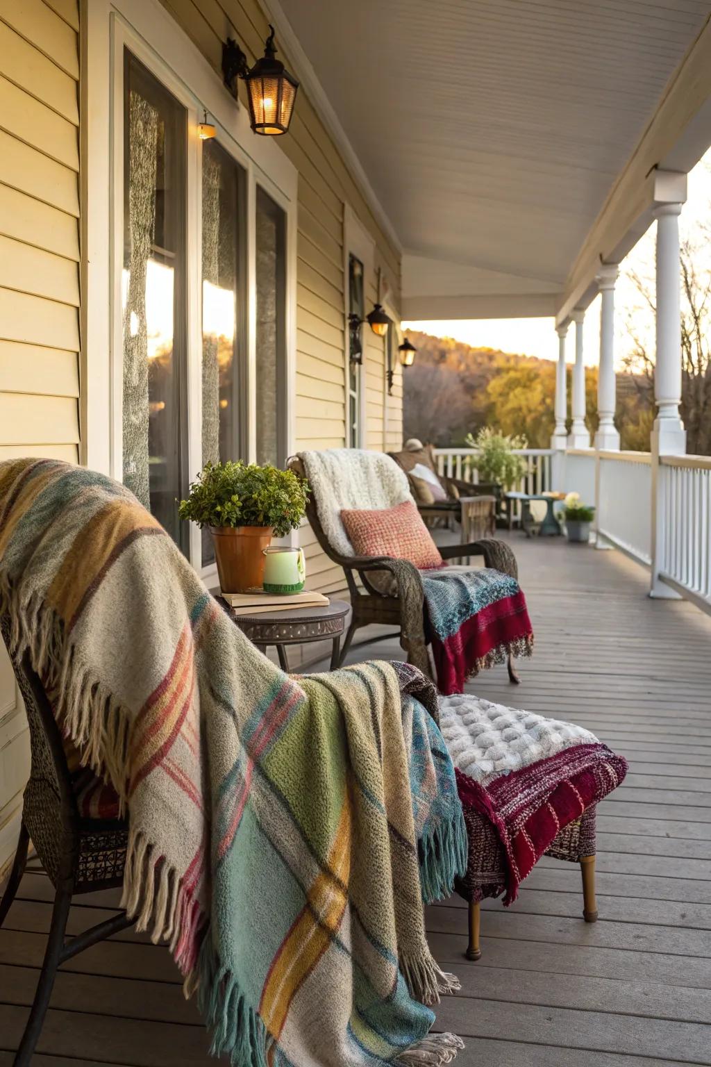 Warm blankets arranged for a cozy night on the veranda.