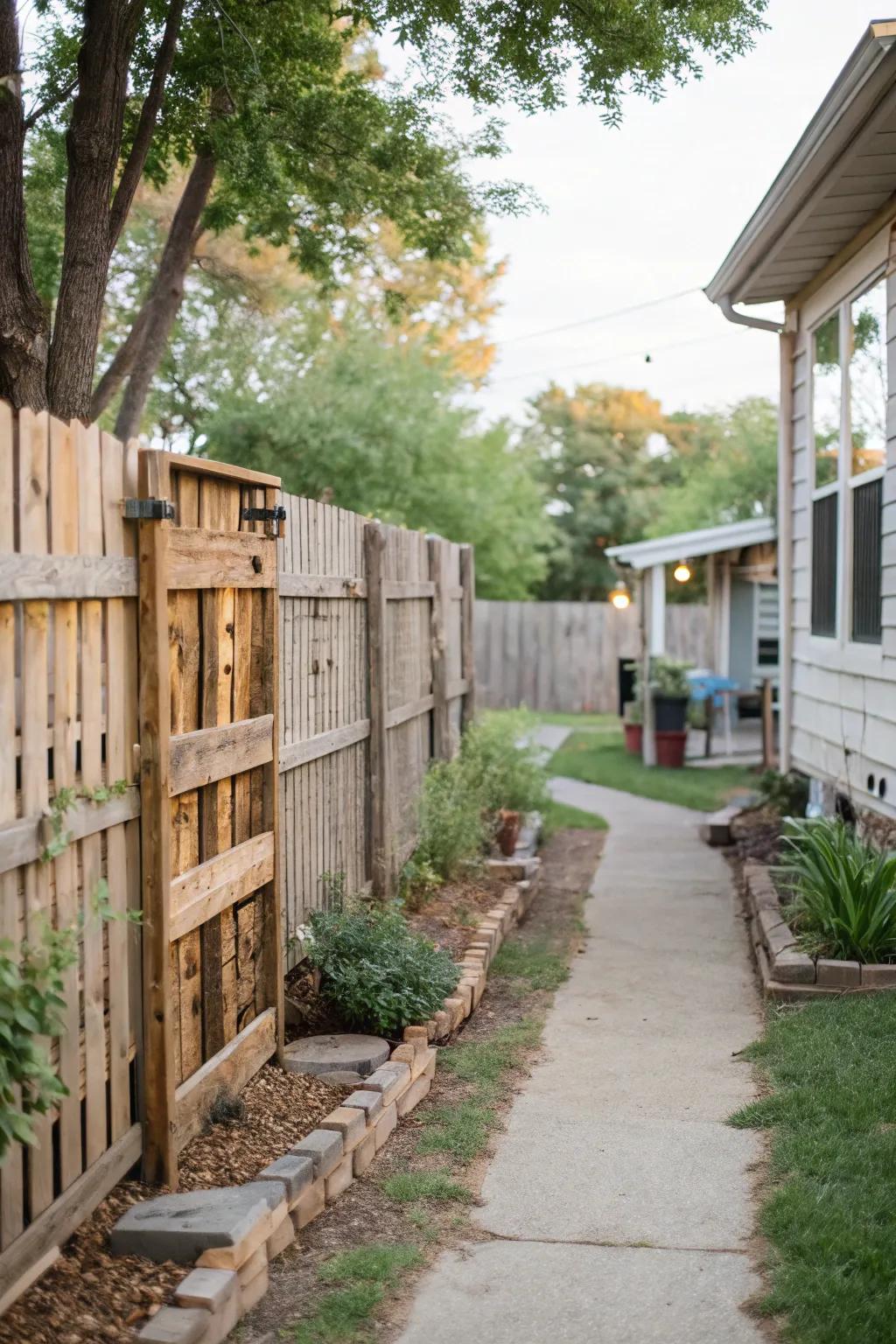 Unique side yard using a wooden pallet fence.