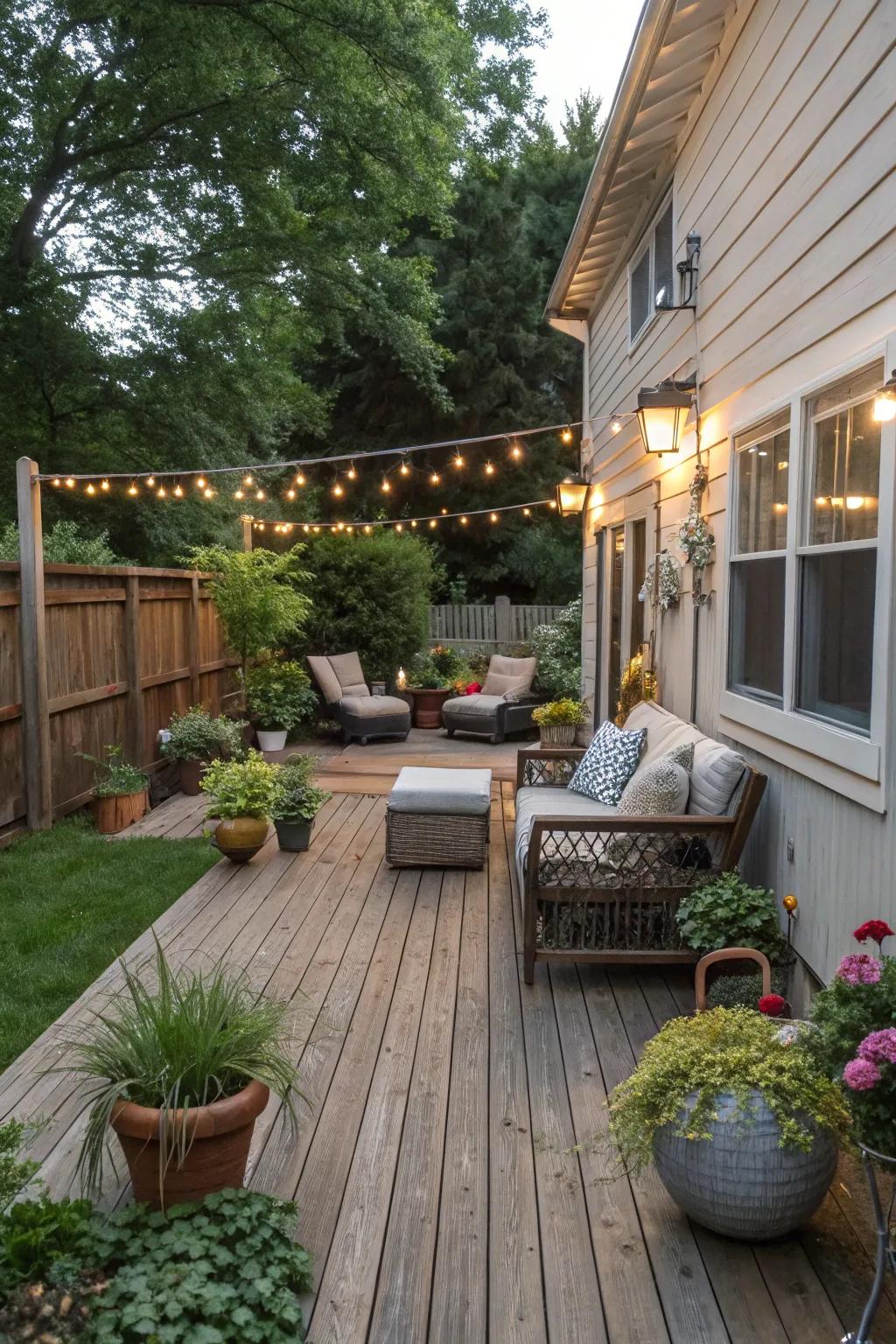 A wooden terrace invites relaxation and conversation in your side yard.