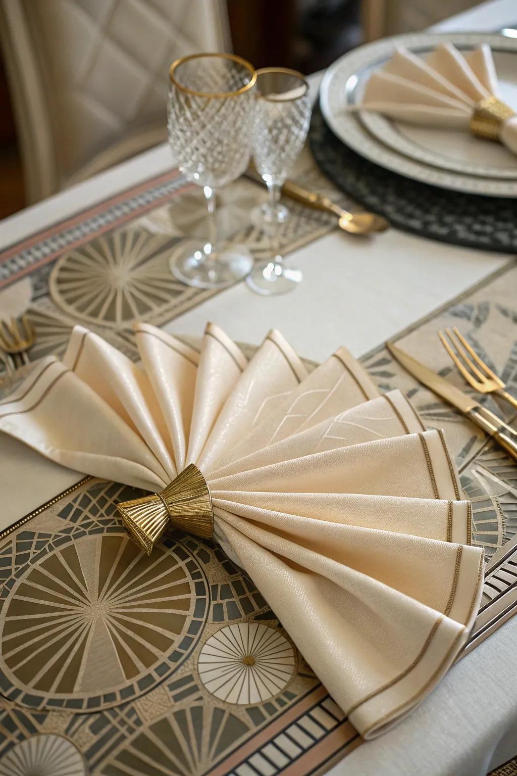 A cloth shaped into an artistic era fan, bringing a touch of vintage glamour to your dinner party.