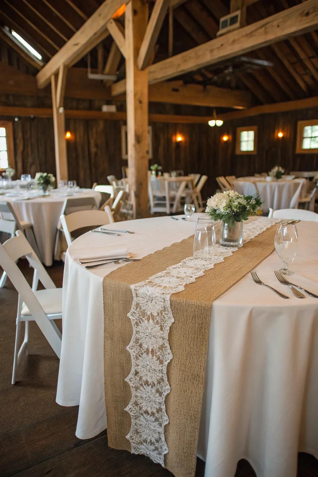 Burlap and lace infuse this centerpiece with rustic charm.