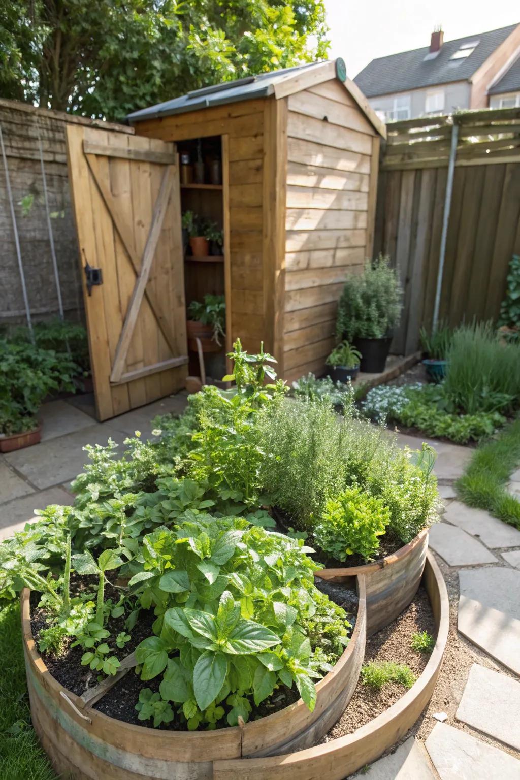 Herb spirals present a functional and aesthetically pleasing addition to your shed's landscape.
