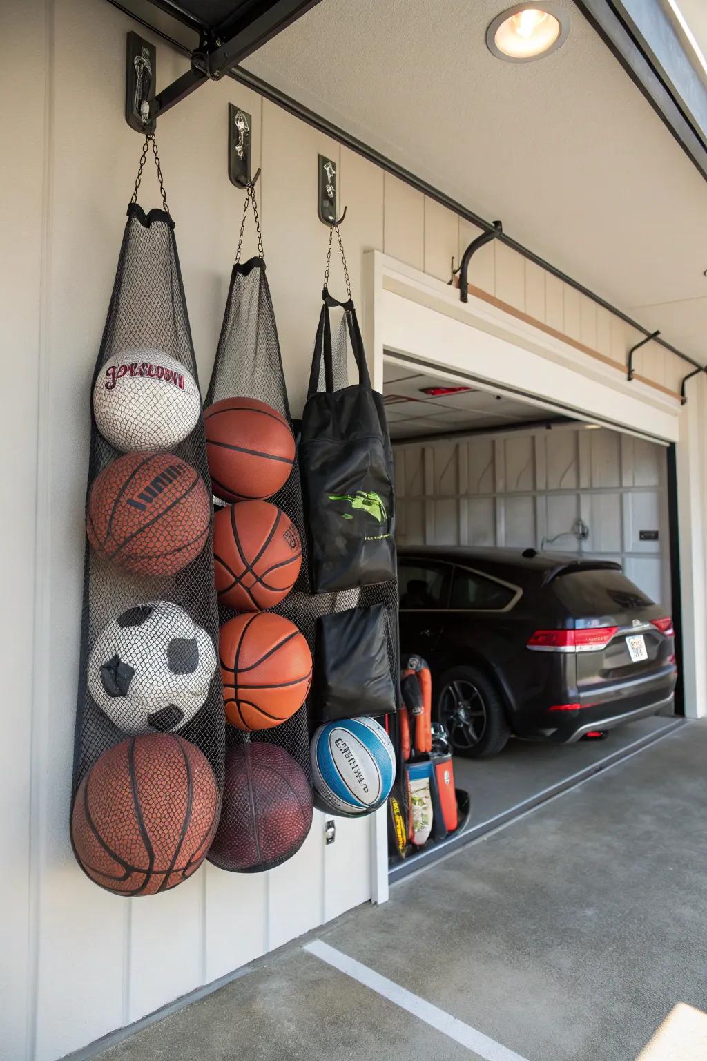 Sorting out sports balls is made straightforward by mesh bags.