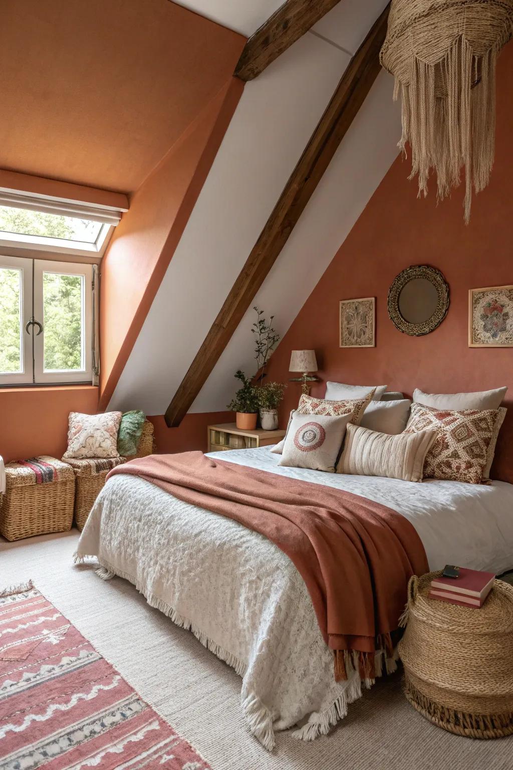 Warm hues embrace this bedroom in a cozy and intimate manner.