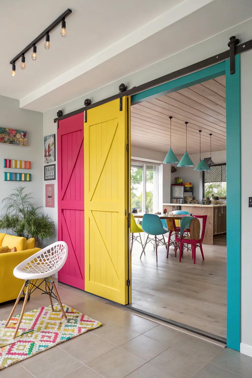 This colorful sliding door brings energy and fun to this vibrant space.
