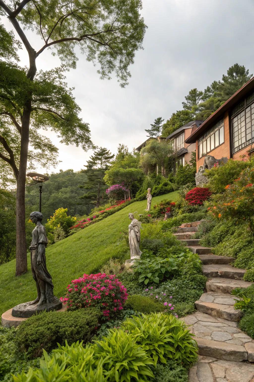 Sculptures add a personal artistic touch.