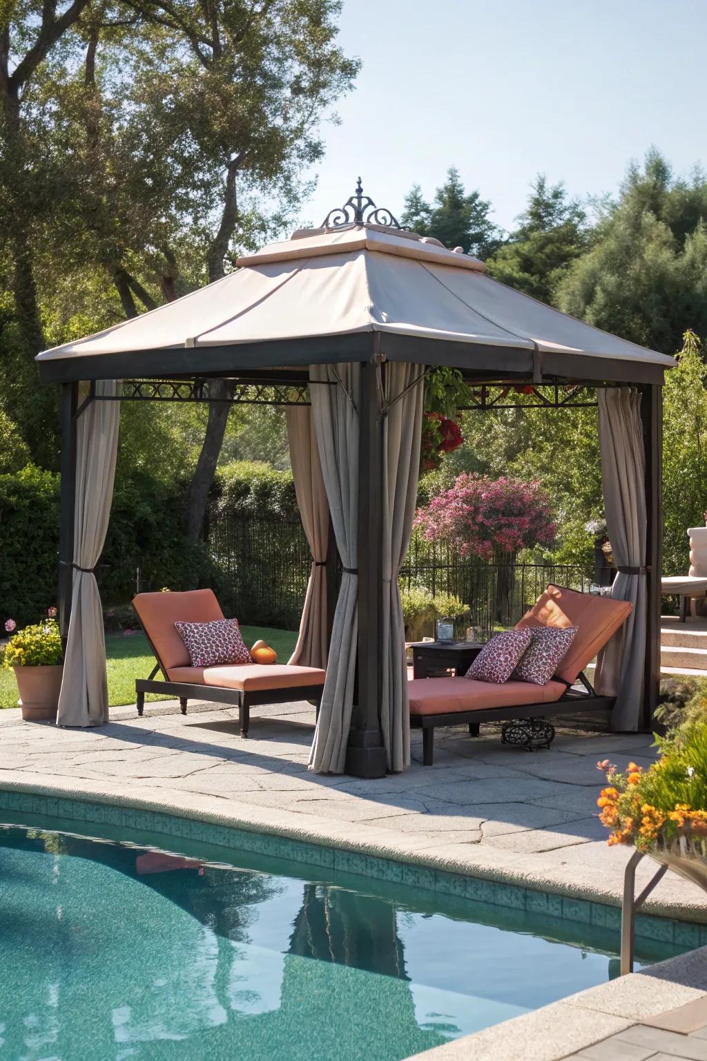 Unwind in elegance with a poolside shelter refuge.