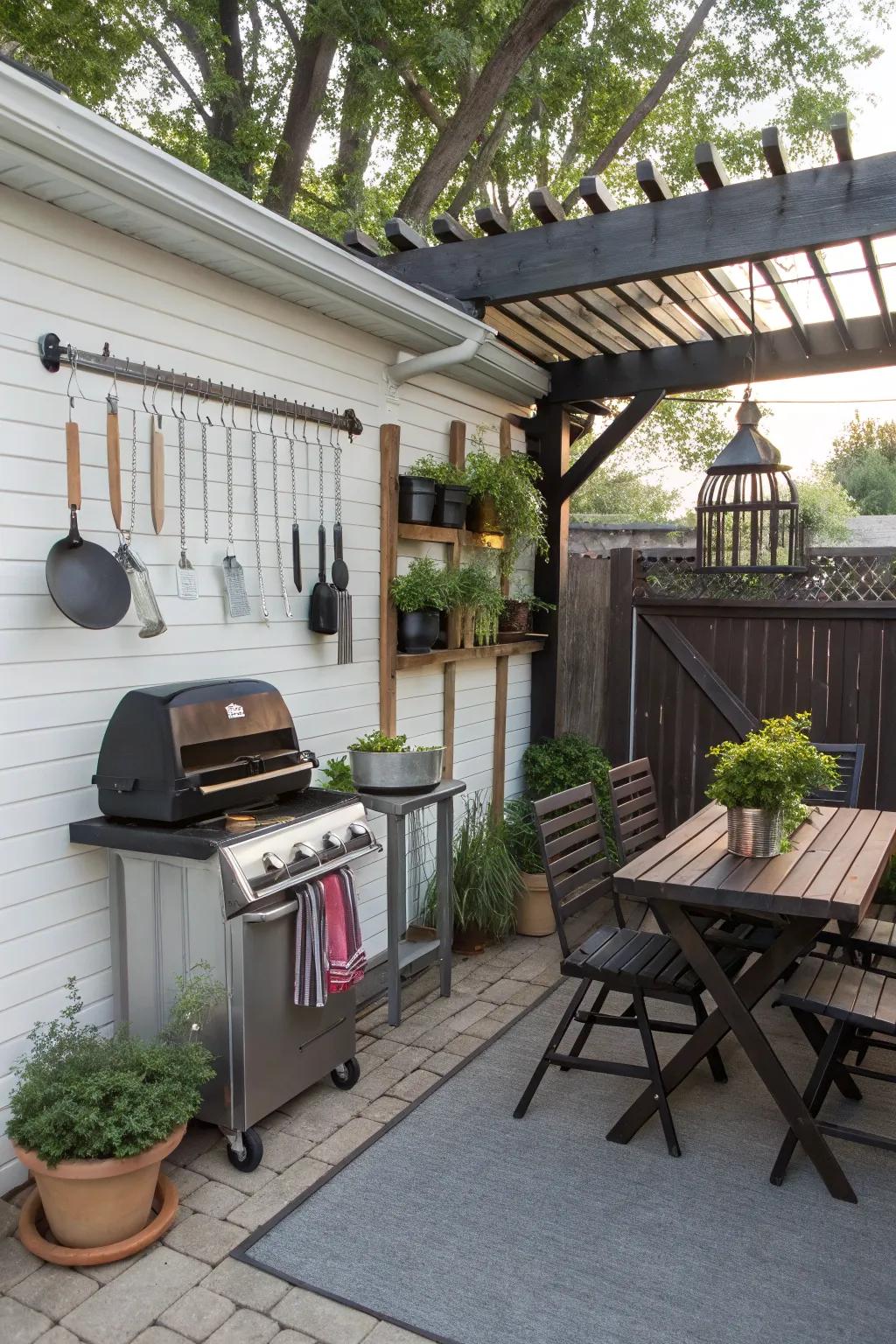 Efficient overhead storage keeping a patio organized.