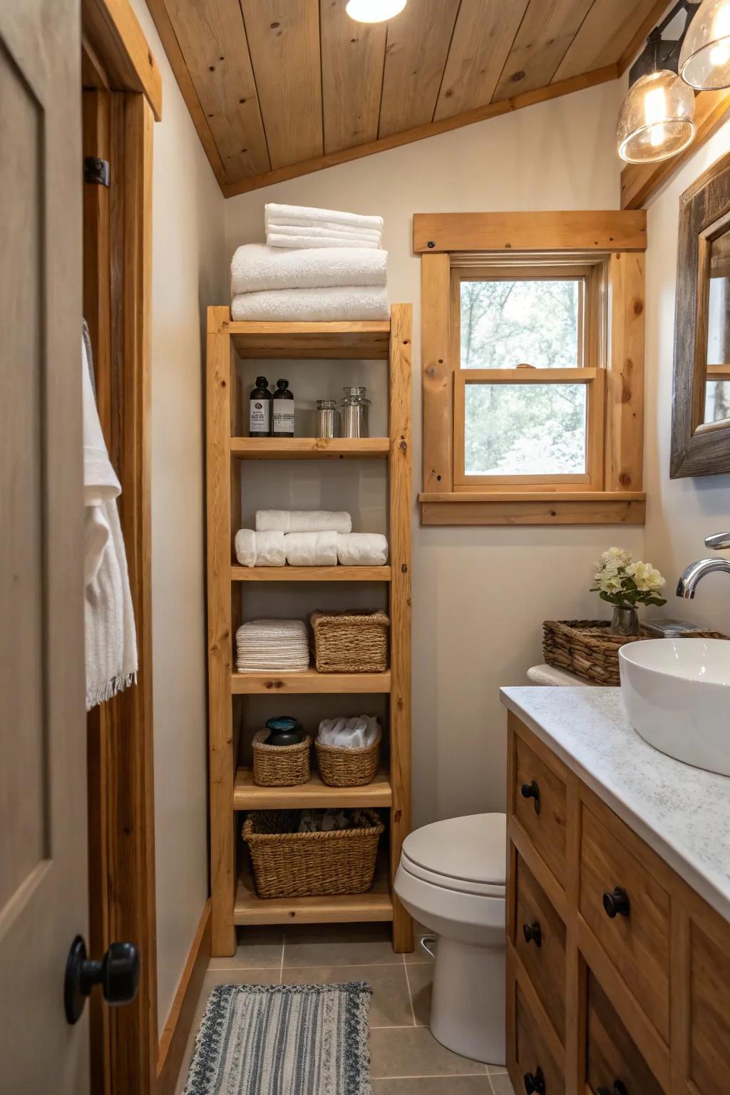 Wooden shelves introduce natural beauty and storage options.