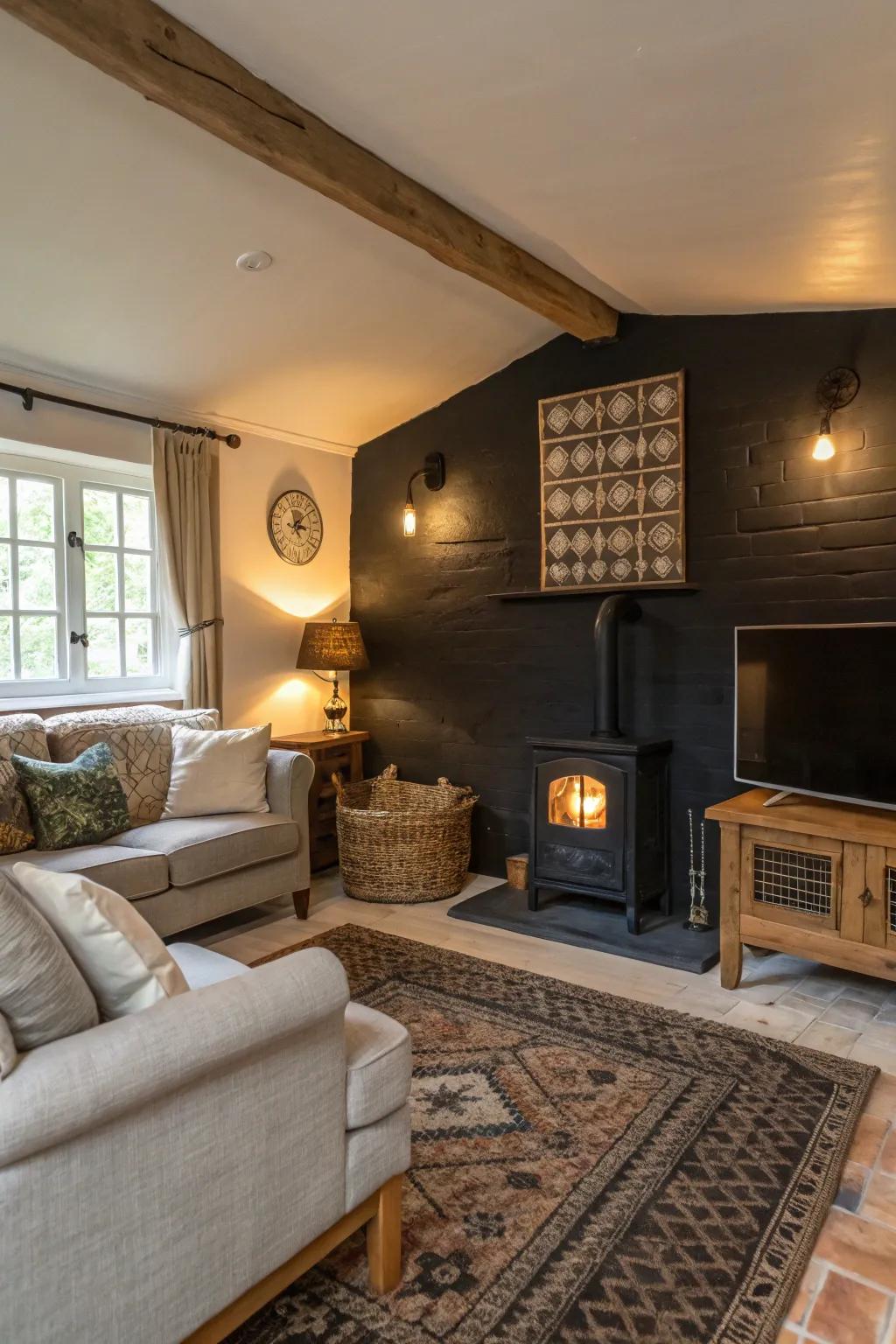 A statement wall adds depth and interest to this living room.