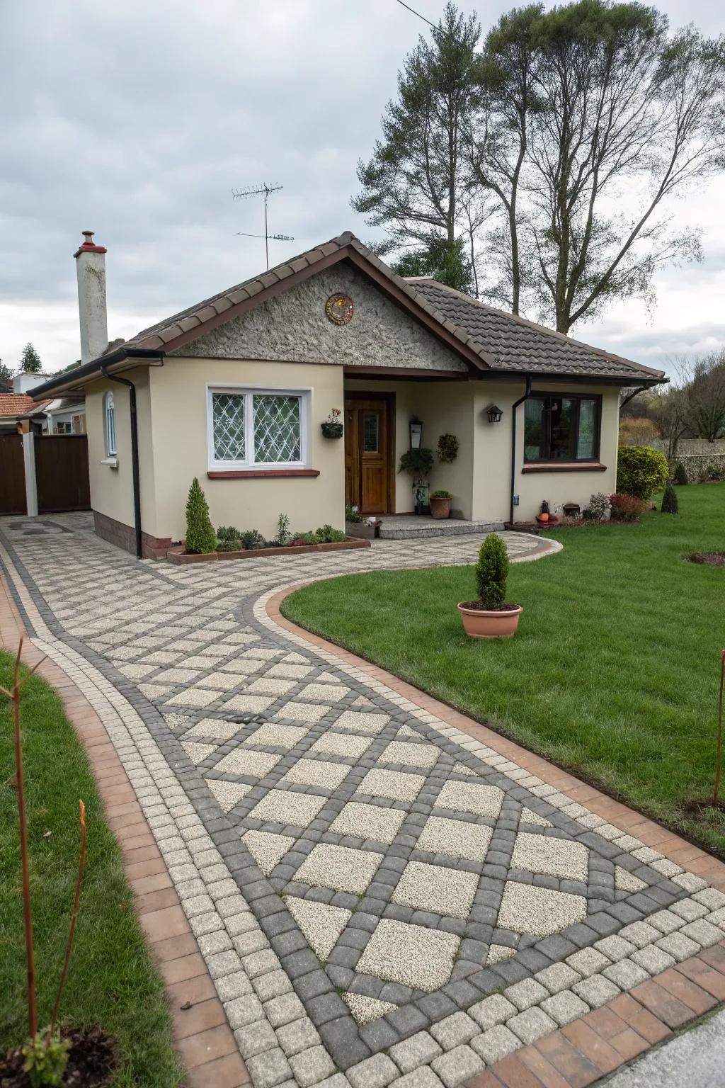 An artistic driveway converts a functional area into a statement piece.