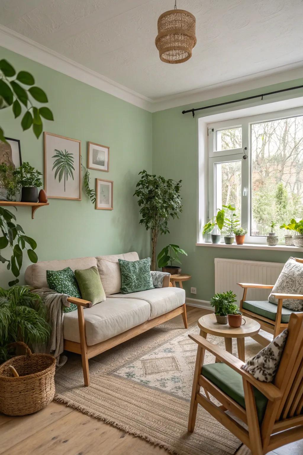 A compact living area featuring soft green walls to inspire tranquility.