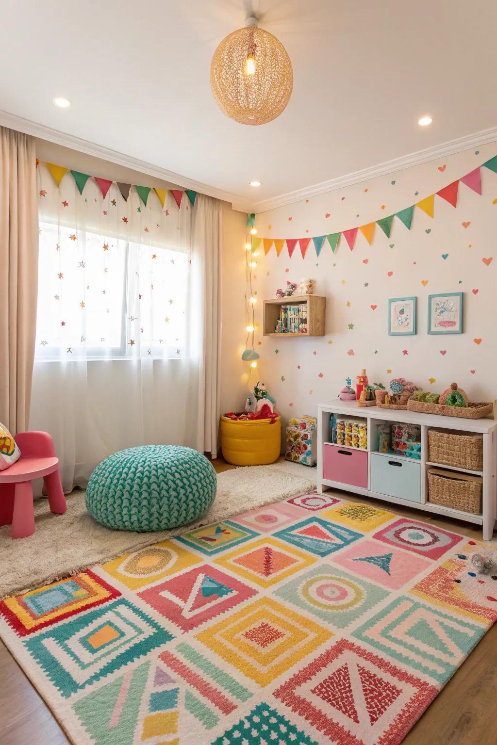 A colorful rug adds warmth and defines play areas in small rooms.